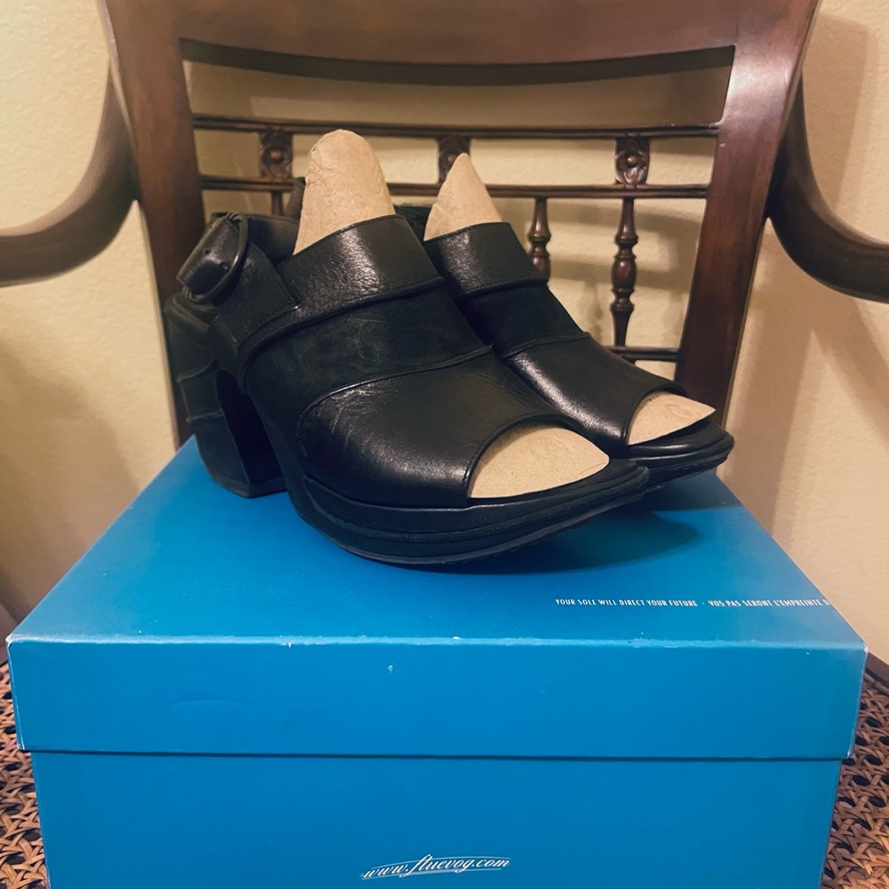 John Fluevog Black Leather Mules